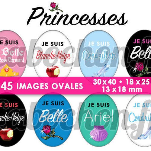 Princesses ☆ princesse ☆ 45 images digitales numériques ovales 30x40 18x25 et 13x18 mm page d'images cabochons badges miroirs 