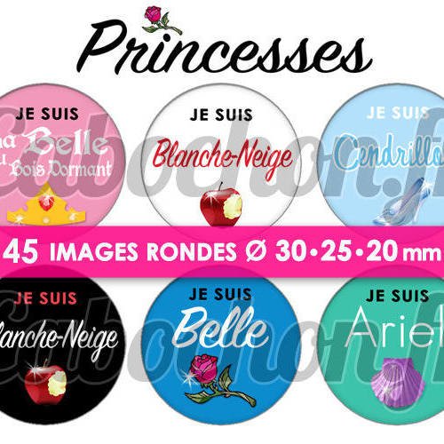 Princesses ☆ princesse 45 images digitales rondes 30 25 et 20 mm page d'images cabochons cendrillon belle blanche neige ariel sirene bijoux 