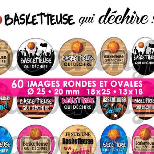 Basketteuse qui déhire ! ☆ 60 images digitales rondes 25 et 20 mm et ovales 18x25 et 13x18 mm page d'images cabochons badges miroirs bijoux 