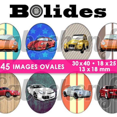 Bolides ☆ 45 images digitales numériques ovales 30x40 18x25 et 13x18 mm page d'images cabochons badges miroirs porte 