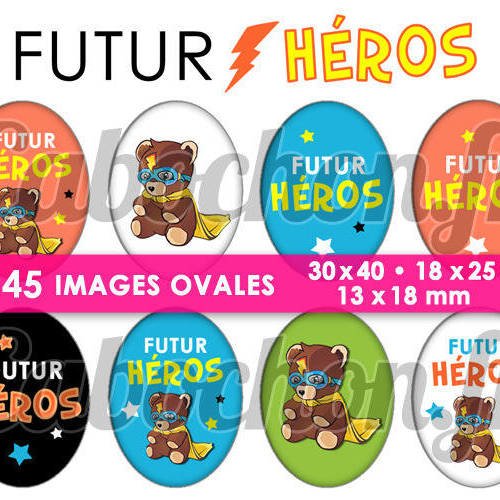 Futur héros ☆ 45 images digitales numériques ovales 30x40 18x25 et 13x18 mm page de collage digital pour cabochons superhéros 