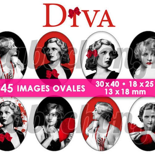 Diva ll ☆ 45 images digitales numériques ovales 30x40 18x25 et 13x18 mm page d'images cabochons rouge noir bijoux glamour 
