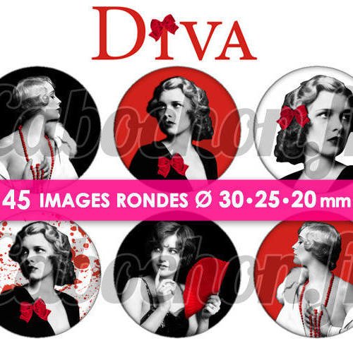 Diva ll ☆ 45 images digitales numériques rondes 30 25 et 20 mm page d'images cabochons rouge noir bijoux glamour pinup 