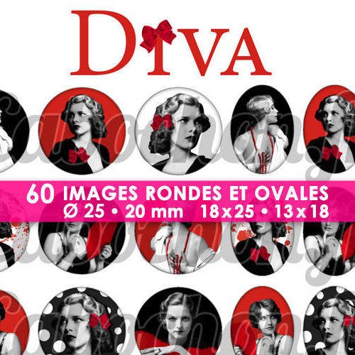 Diva ll ☆ 60 images digitales rondes 25 et 20 mm et ovales 18x25 et 13x18 mm page d'images cabochons rouge noir bijoux glamour pinup 