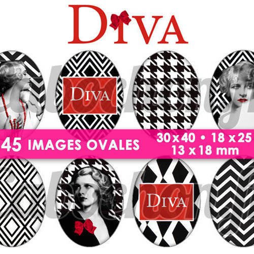 Diva ☆ 45 images digitales numériques ovales 30x40 18x25 et 13x18 mm page d'images cabochons rouge noir bijoux glamour 