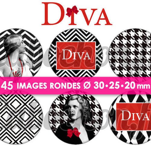 Diva ☆ 45 images digitales numériques rondes 30 25 et 20 mm page d'images cabochons rouge noir bijoux glamour pinup 