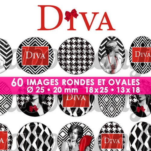 Diva ☆ 60 images digitales rondes 25 et 20 mm et ovales 18x25 et 13x18 mm page d'images cabochons rouge noir bijoux glamour pinup 