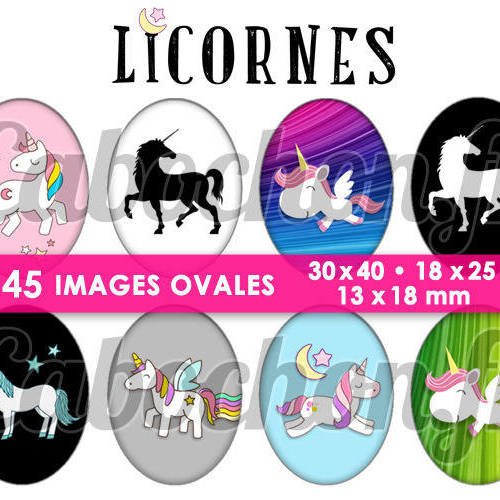 Licornes ☆ 45 images digitales numériques ovales 30x40 18x25 et 13x18 mm page cabochons licorne bijoux miroirs badges 