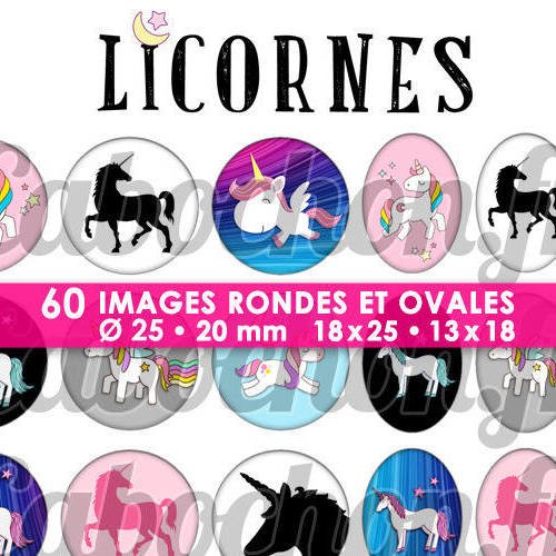 Licornes ☆ 60 images digitales licorne rondes 25 et 20 mm et ovales 18x25 et 13x18 mm page cabochons bijoux miroirs 