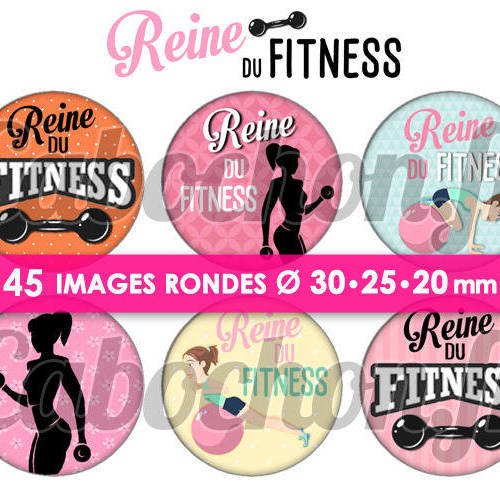 Reine du fitness ☆ 45 images digitales numériques rondes 30 25 et 20 mm page de collage digital pour cabochons badges miroirs bijoux 