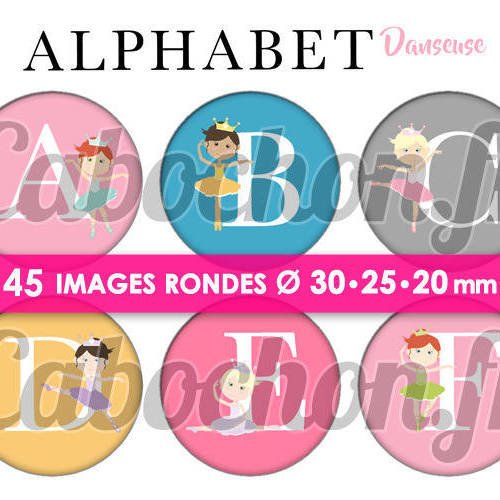 Alphabet danseuse ☆ 45 images digitales numériques rondes 30 25 et 20 mm page de collage digital pour cabochons badges miroirs bijoux 