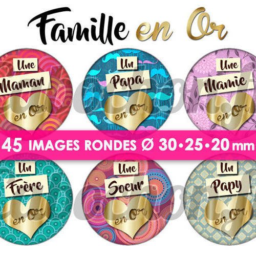 Famille en or ☆ 45 images digitales numériques rondes 30 25 et 20 mm page de collage digital pour cabochons badges miroirs bijoux 