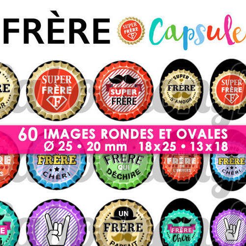 Frère capsule ☆ 60 images digitales numériques rondes 25 et 20 mm et ovales 18x25 et 13x18 mm page d'images pour cabochons badges 