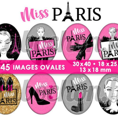Miss paris ☆ 45 images digitales numériques ovales 30x40 18x25 et 13x18 mm page cabochons bijoux miroirs 