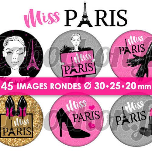 Miss paris ☆ 45 images digitales numériques rondes 30 25 et 20 mm page de collage digital pour cabochons badges miroirs bijoux 