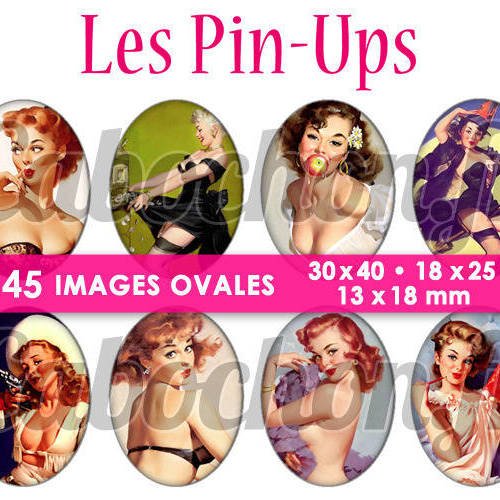 Les pin ups lll ☆ 45 images digitales numériques ovales 30x40 18x25 et 13x18 mm page cabochons bijoux miroirs 