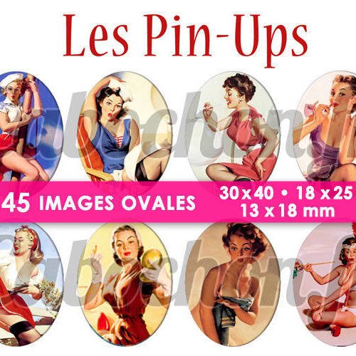 Les pin ups ll ☆ 45 images digitales numériques ovales 30x40 18x25 et 13x18 mm page cabochons bijoux miroirs 