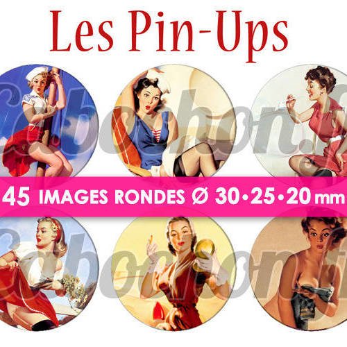 Les pin ups ll ☆ 45 images digitales numériques rondes 30 25 et 20 mm page de collage digital pour cabochons badges miroirs bijoux 