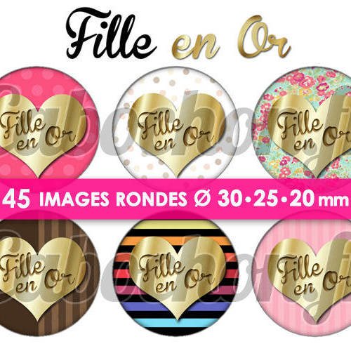 Fille en or ☆ 45 images digitales numériques rondes 30 25 et 20 mm page de collage digital pour cabochons badges miroirs bijoux 