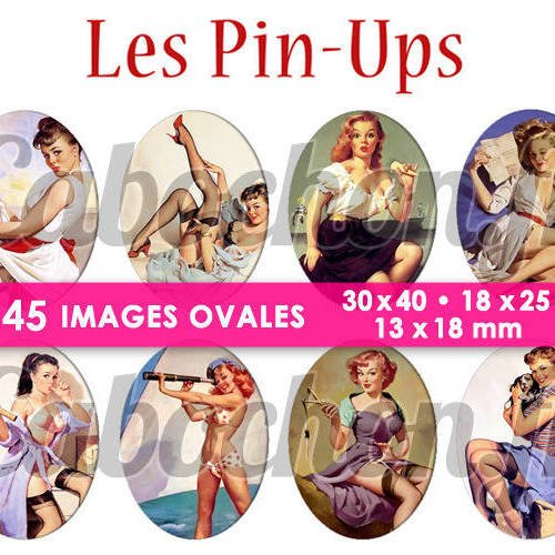 Les pin ups ☆ 45 images digitales numériques ovales 30x40 18x25 et 13x18 mm page cabochons bijoux miroirs 