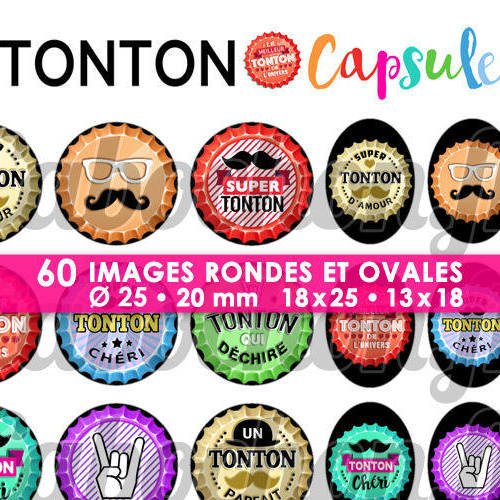Tonton capsule ☆ 60 images digitales numériques rondes 25 et 20 mm et ovales 18x25 et 13x18 mm page d'images pour cabochons badges 