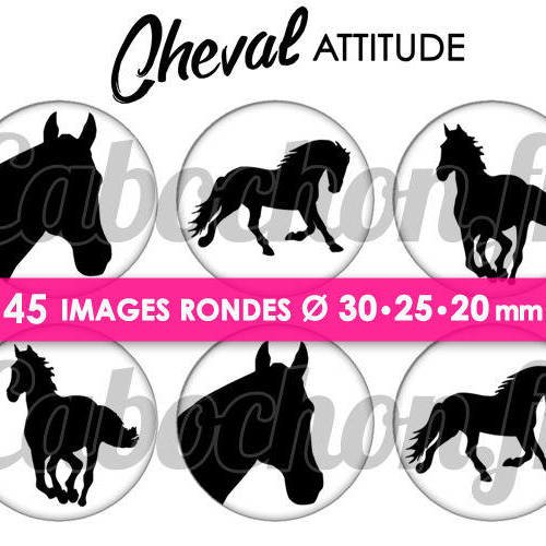 Cheval attitude ll ☆ 45 images digitales numériques rondes 30 25 et 20 mm page de collage digital pour cabochons badges miroirs bijoux 