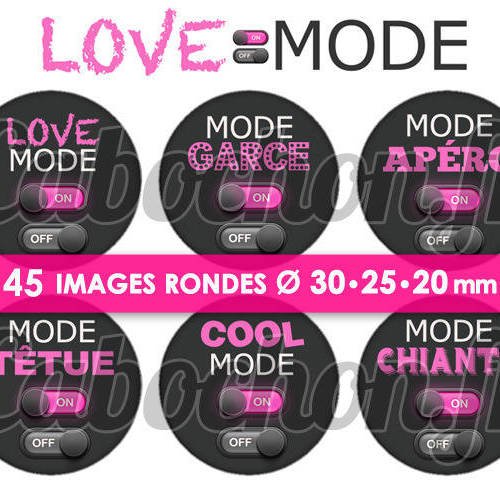 Love mode ☆ 45 images digitales numériques rondes 30 25 et 20 mm page de collage digital pour cabochons badges miroirs 