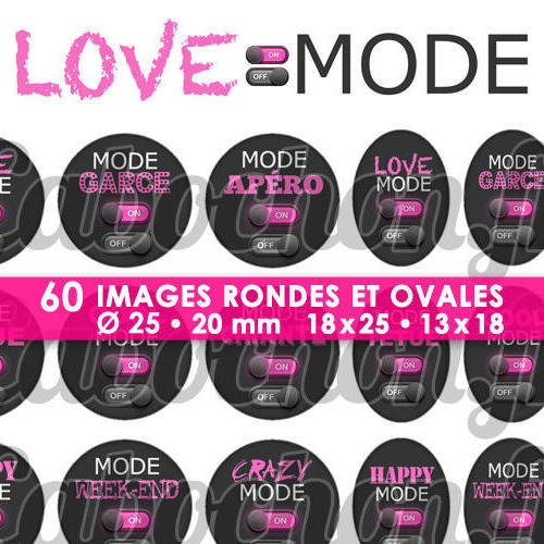 Love mode ☆ 60 images digitales numériques rondes 25 et 20 mm et ovales 18x25 et 13x18 mm page d'images pour cabochons badges miroirs 