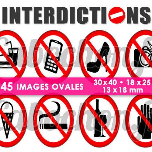Interdictions ☆ 45 images digitales numériques ovales 30x40 18x25 et 13x18 mm page cabochons bijoux miroirs 