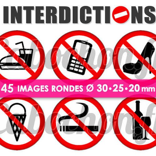 Interdictions ☆ 45 images digitales numériques rondes 30 25 et 20 mm page de collage digital pour cabochons badges miroirs 