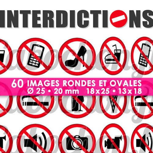Interdictions ☆ 60 images digitales numériques rondes 25 et 20 mm et ovales 18x25 et 13x18 mm page d'images pour cabochons badges miroirs 