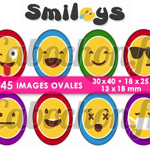 Smileys ☆ 45 images digitales numériques ovales 30x40 18x25 et 13x18 mm page cabochons bijoux miroirs 
