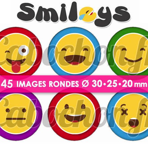Smileys ☆ 45 images digitales numériques rondes 30 25 et 20 mm page de collage digital pour cabochons badges miroirs 