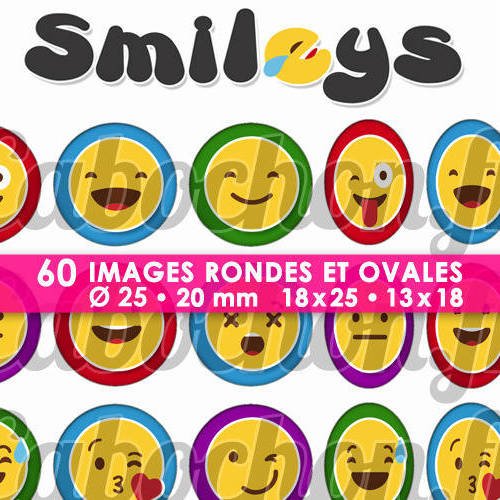 Smileys ☆ 60 images digitales numériques rondes 25 et 20 mm et ovales 18x25 et 13x18 mm page d'images pour cabochons badges miroirs 