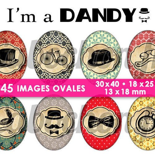 I'm a dandy ☆ 45 images digitales numériques ovales 30x40 18x25 et 13x18 mm page cabochons bijoux miroirs 