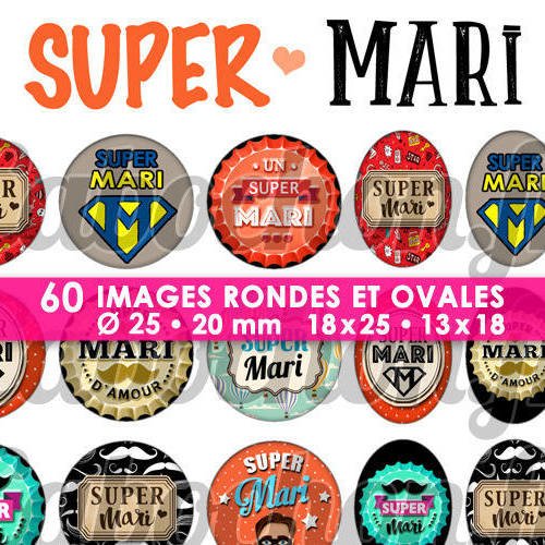 Super mari ☆ 60 images digitales numériques rondes 25 et 20 mm et ovales 18x25 et 13x18 mm page d'images pour cabochons badges miroirs 