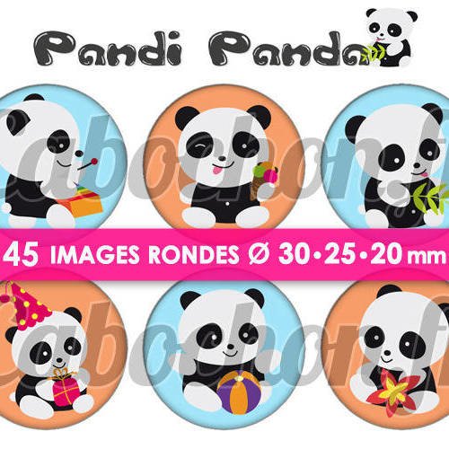 Pandi panda ll ☆ 45 images digitales numériques rondes 30 25 et 20 mm page de collage digital pour cabochons badges miroirs bijoux 