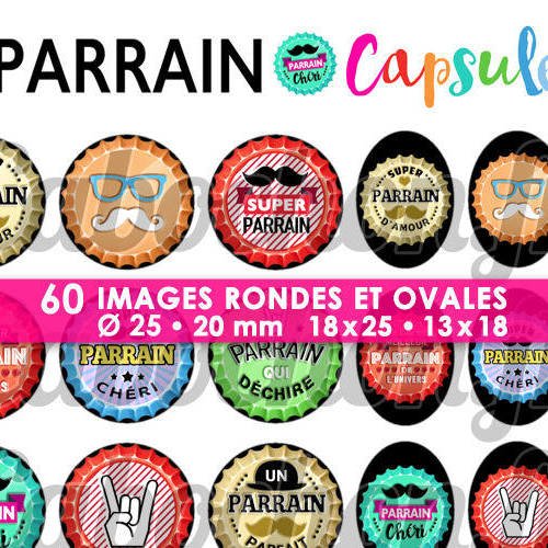 Parrain capsule ☆ 60 images digitales rondes 25 et 20 mm et ovales 18x25 et 13x18 mm page d'images pour cabochons badges miroirs bijoux 
