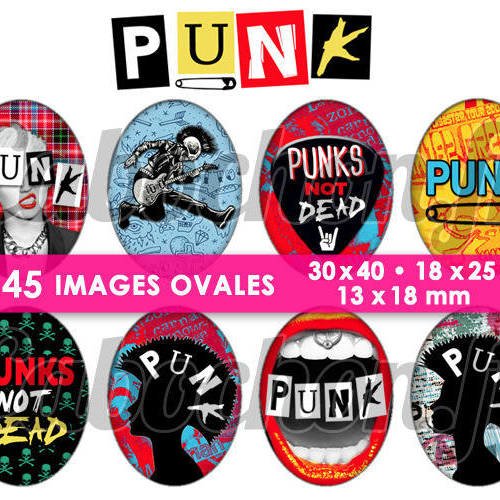 Punk ☆ 45 images digitales numériques ovales 30x40 18x25 et 13x18 mm page cabochon miroirs badges bijoux 