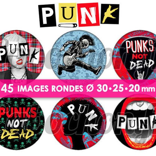 Punk ☆ 45 images digitales numériques rondes 30 25 et 20 mm page de collage digital pour cabochons miroirs bijoux badges 