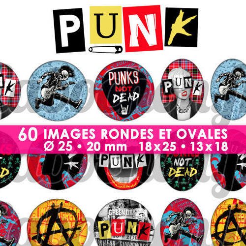 Punk ☆ 60 images digitales numériques rondes 25 et 20 mm et ovales 18x25 et 13x18 mm page d'images pour cabochons badges miroirs bijoux 