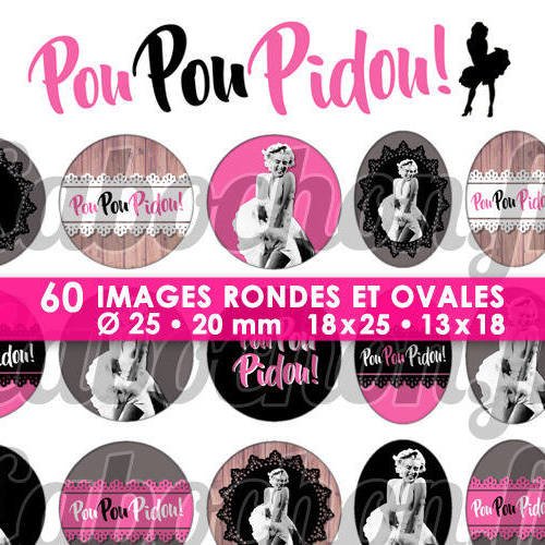 Poupoupidou ☆ 60 images digitales  rondes 25 et 20 mm et ovales 18x25 et 13x18 mm page d'images pour cabochons badges miroirs 