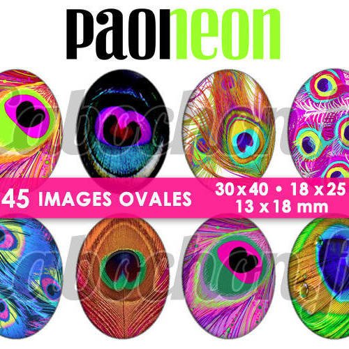 Paon neon ☆ 45 images digitales numériques ovales 30x40 18x25 et 13x18 mm page cabochons 