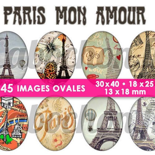 Paris mon amour ☆ 45 images digitales numériques ovales 30x40 18x25 et 13x18 mm page cabochons 