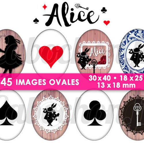 Alice lv ☆ 45 images digitales numériques ovales 30x40 18x25 et 13x18 mm page cabochons 