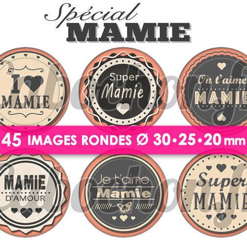 Spécial mamie  ☆ 45 images digitales numériques rondes 30 25 et 20 mm page de collage digital pour cabochons 