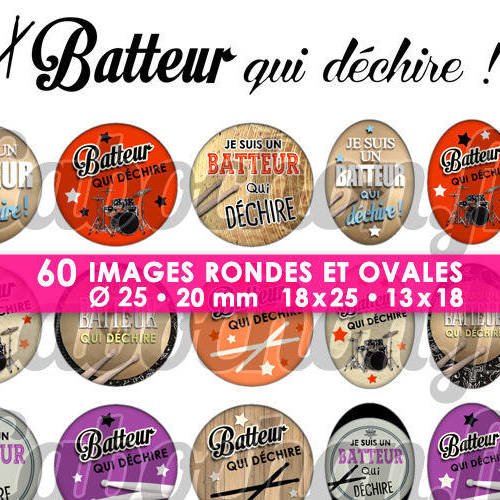 Batteur qui déchire !  ☆ 60 images digitales numériques rondes 25 et 20 mm et ovales 18x25 et 13x18 mm page d'images pour cabochons 