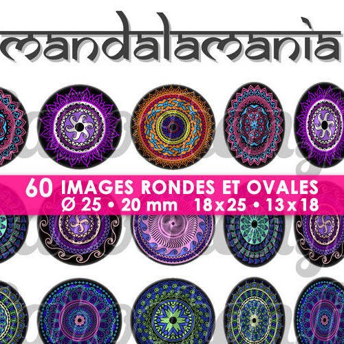 Mandala mania vl ☆ 60 images digitales numériques rondes 25 et 20 mm et ovales 18x25 et 13x18 mm page d'images pour cabochons 