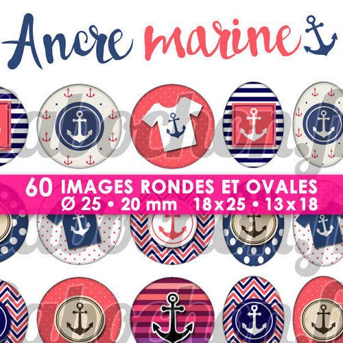 Ancre marine ☆ 60 images digitales numériques rondes 25 et 20 mm et ovales 18x25 et 13x18 mm page d'images pour cabochons 