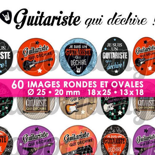 Guitariste qui déchire !  ☆ 60 images digitales numériques rondes 25 et 20 mm et ovales 18x25 et 13x18 mm page d'images pour cabochons 